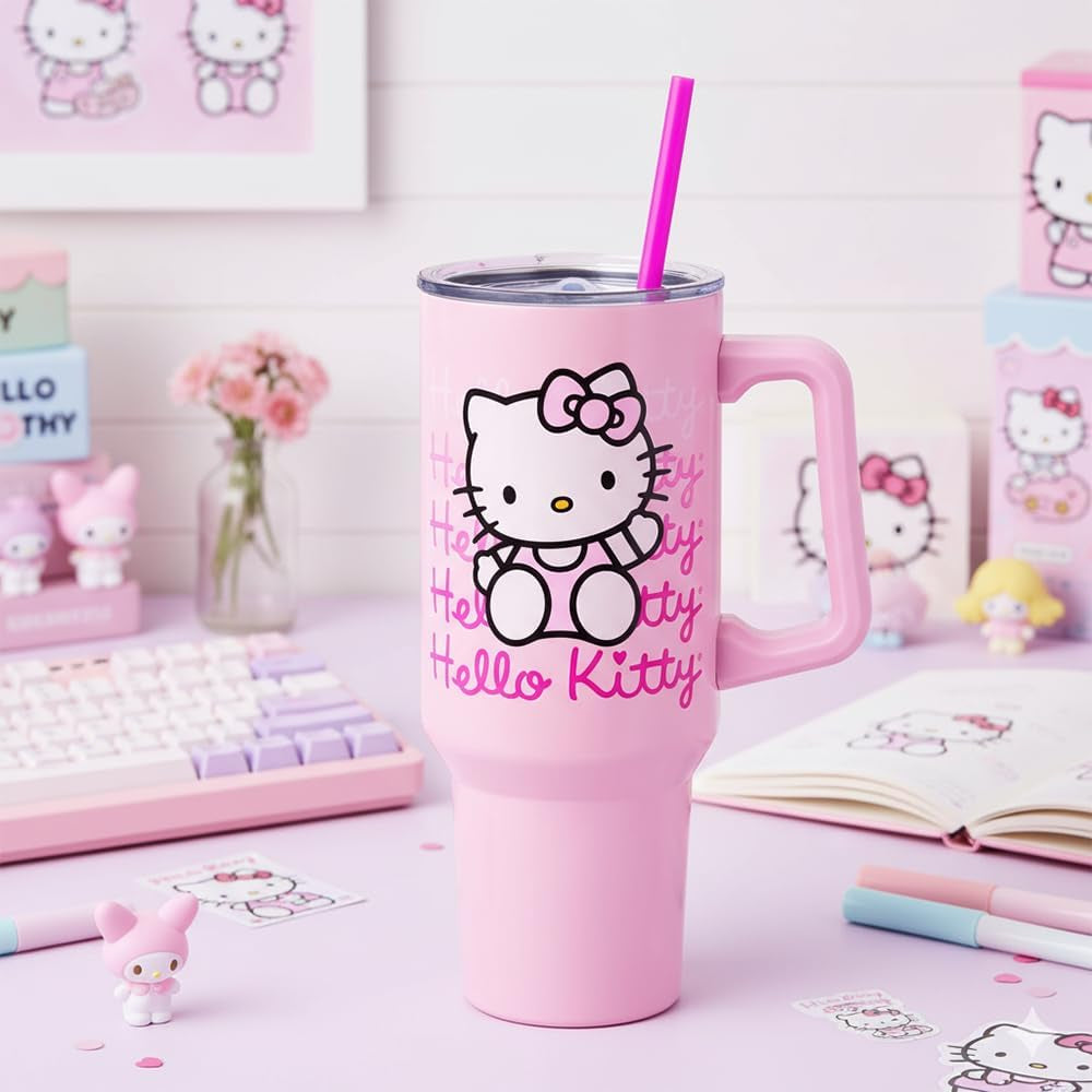 Sanrio Hello Kitty Waving Double Walled Stainless Steel Tumbler with Handle and Straw, Fits in Standard Cup Holder, 40 Ounces