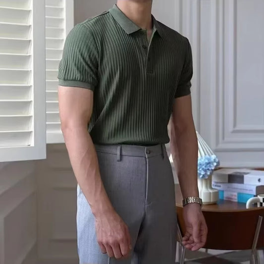 Vertical Stripe Knit Polo Men'S Shirts Summer New Slim Solid Color Breathable Turn-Down Collar Business Short Sleeve Polo Tops