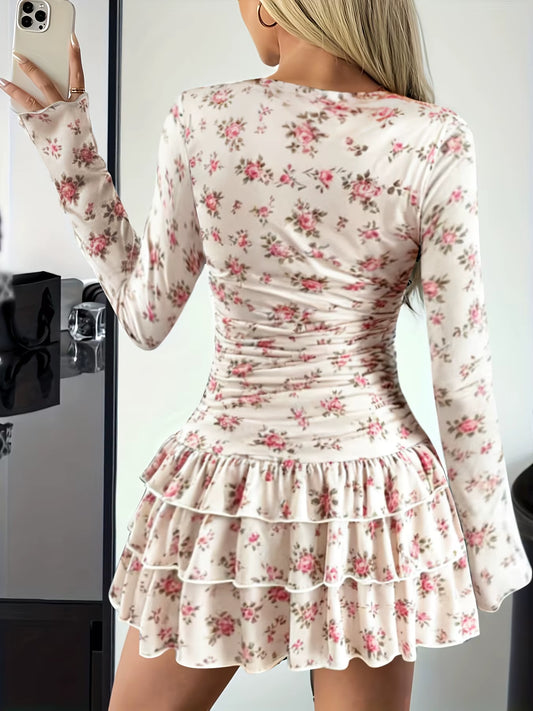 Elegant Floral Print round Neck Long Sleeve Women'S Dress Spring Autumn New Style Gathered Hem Slim Fit One Piece Skirt