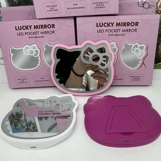 Kawaii Anime Hello Kitty USB Light Mirror Cartoon Character Styling Accessories Portable Desktop Makeup Mirror Room Decoration