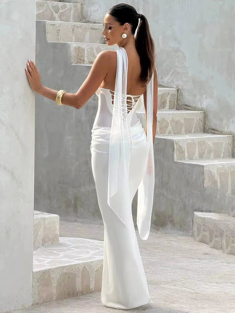 Off-Shoulder Backless Sexy Maxi Dress Women Gown Elegant Scarf Collar Strapless Sleeveless Bodycon Club Party Dresses