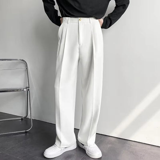 2025 New Men Straight Pants Fashion Korean Loose Suit Trousers Casual Draped Baggy White Wide Pant Male Streetwear