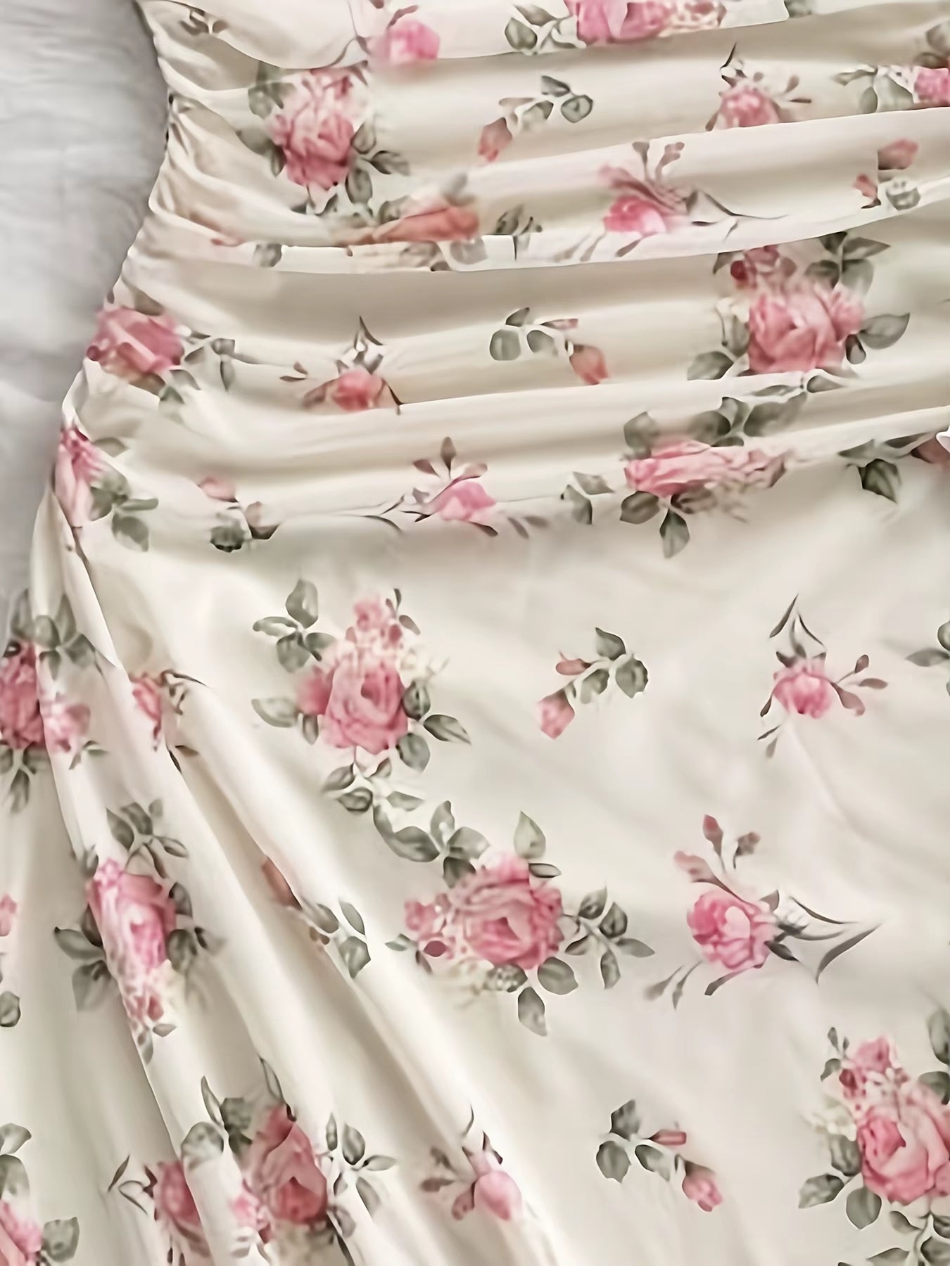 Elegant Floral Print round Neck Long Sleeve Women'S Dress Spring Autumn New Style Gathered Hem Slim Fit One Piece Skirt