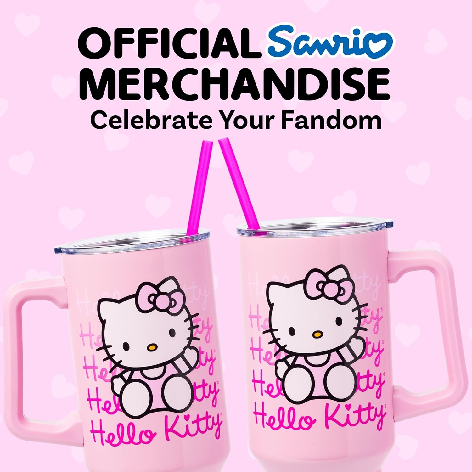 Sanrio Hello Kitty Waving Double Walled Stainless Steel Tumbler with Handle and Straw, Fits in Standard Cup Holder, 40 Ounces