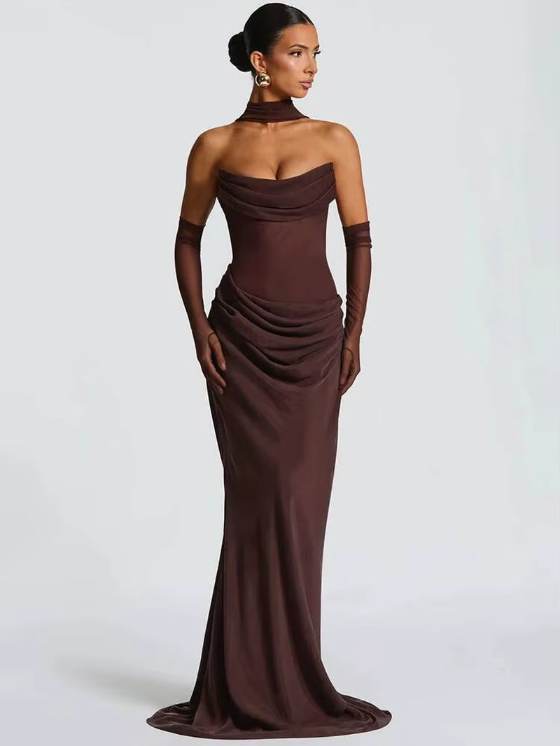Off-Shoulder Backless Sexy Maxi Dress Women Gown Elegant Scarf Collar Strapless Sleeveless Bodycon Club Party Dresses