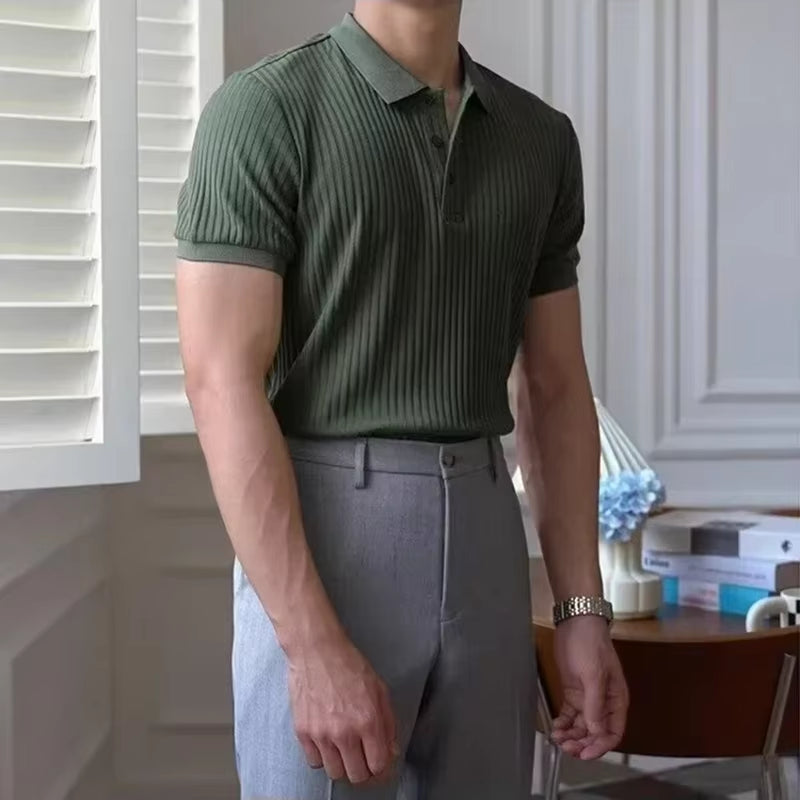 Vertical Stripe Knit Polo Men'S Shirts Summer New Slim Solid Color Breathable Turn-Down Collar Business Short Sleeve Polo Tops