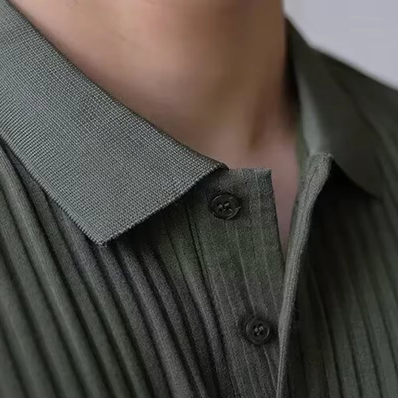 Vertical Stripe Knit Polo Men'S Shirts Summer New Slim Solid Color Breathable Turn-Down Collar Business Short Sleeve Polo Tops