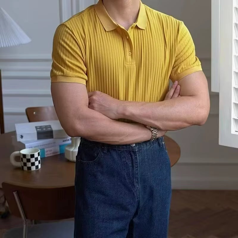 Vertical Stripe Knit Polo Men'S Shirts Summer New Slim Solid Color Breathable Turn-Down Collar Business Short Sleeve Polo Tops