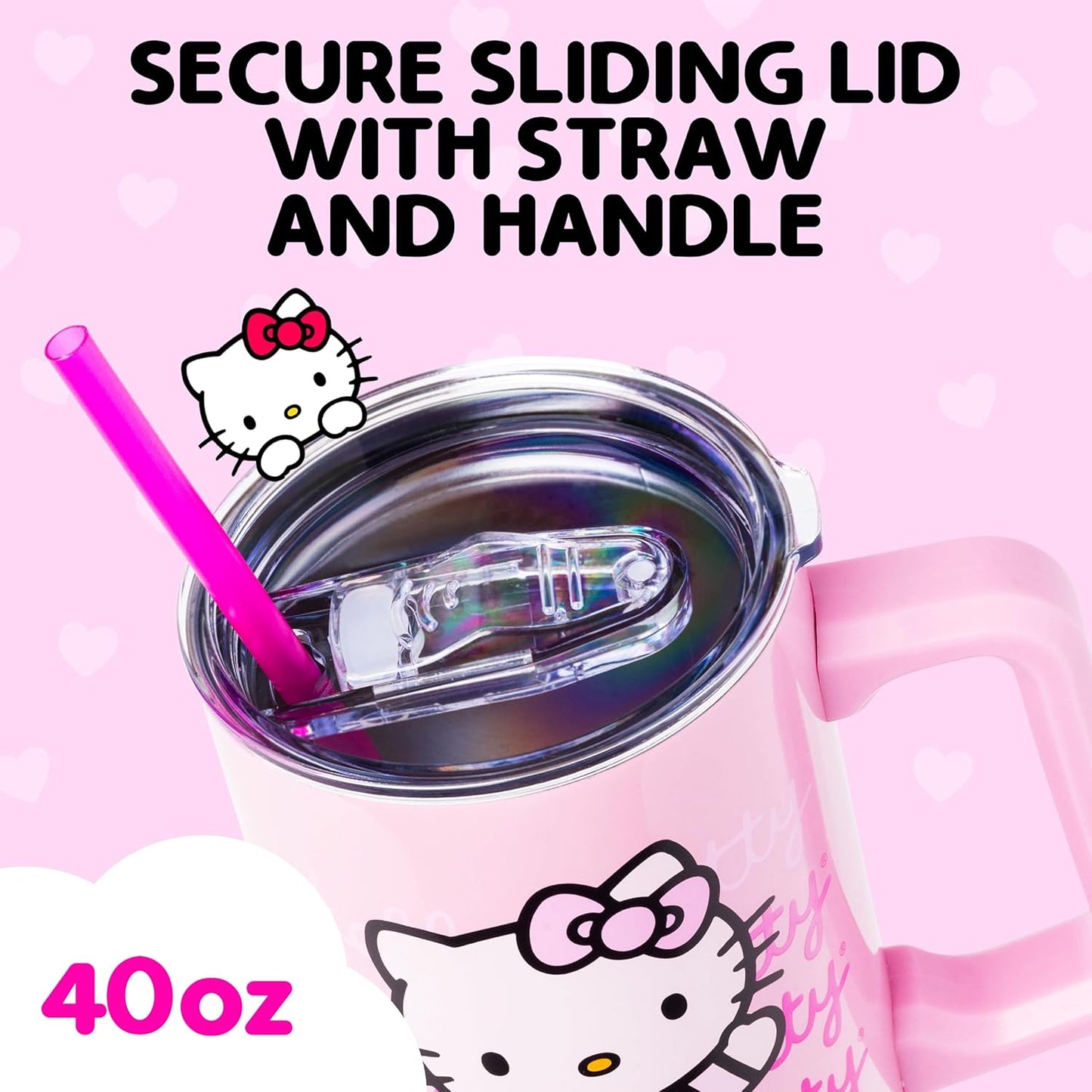 Sanrio Hello Kitty Waving Double Walled Stainless Steel Tumbler with Handle and Straw, Fits in Standard Cup Holder, 40 Ounces