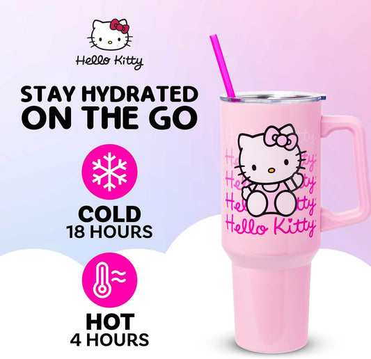 Sanrio Hello Kitty Waving Double Walled Stainless Steel Tumbler with Handle and Straw, Fits in Standard Cup Holder, 40 Ounces