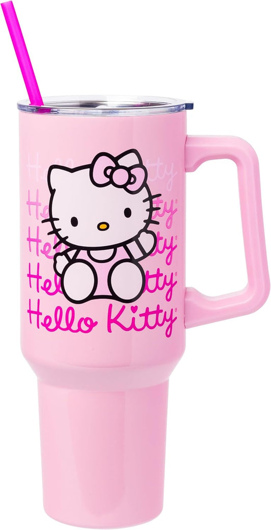 Sanrio Hello Kitty Waving Double Walled Stainless Steel Tumbler with Handle and Straw, Fits in Standard Cup Holder, 40 Ounces