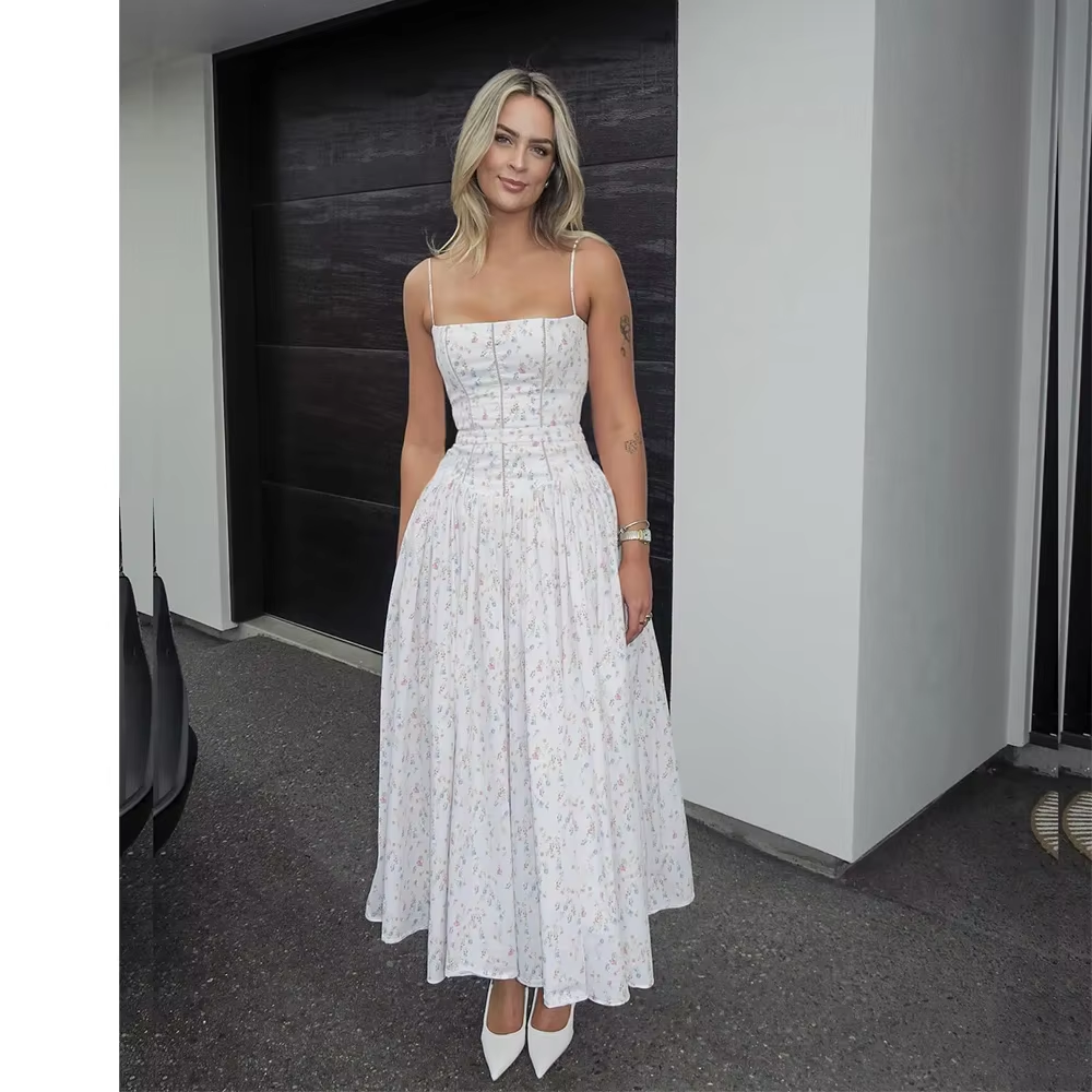 Oligai Floral Print Midi Sundress Elegant Spaghetti Strap Flowy Dress Aussie Summer Women Boho Chic Beach Dress
