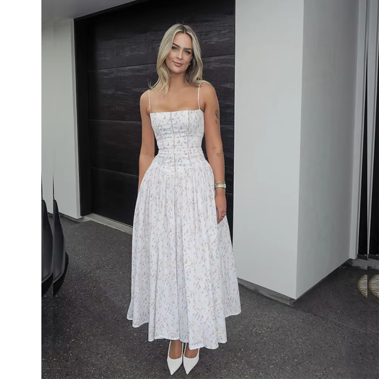 Oligai Floral Print Midi Sundress Elegant Spaghetti Strap Flowy Dress Aussie Summer Women Boho Chic Beach Dress