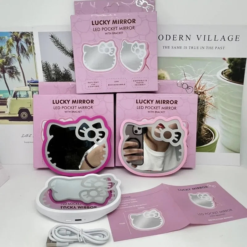 Kawaii Anime Hello Kitty USB Light Mirror Cartoon Character Styling Accessories Portable Desktop Makeup Mirror Room Decoration