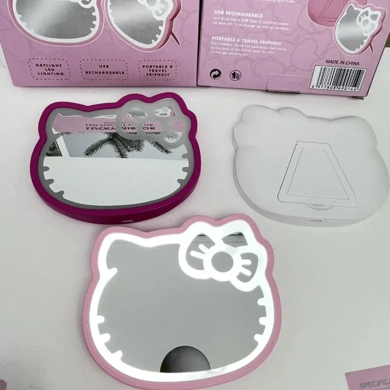 Kawaii Anime Hello Kitty USB Light Mirror Cartoon Character Styling Accessories Portable Desktop Makeup Mirror Room Decoration