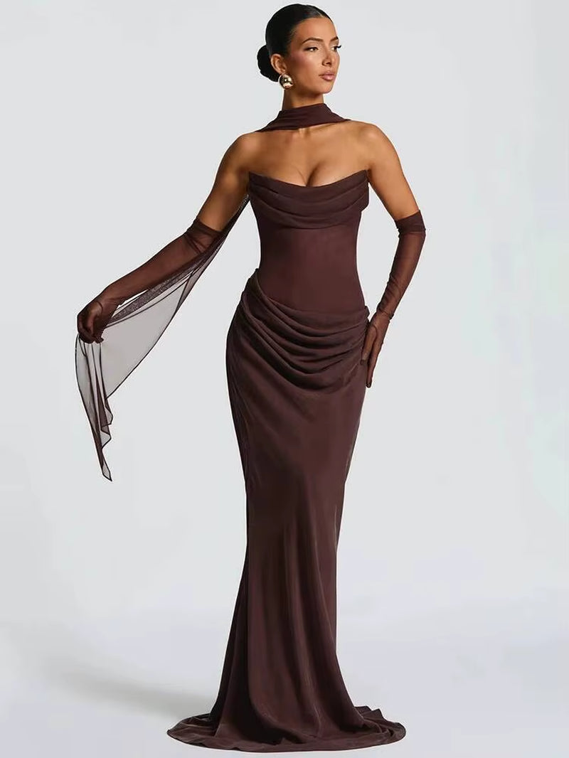 Off-Shoulder Backless Sexy Maxi Dress Women Gown Elegant Scarf Collar Strapless Sleeveless Bodycon Club Party Dresses
