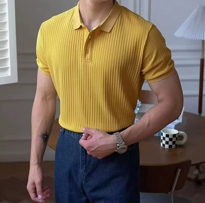 Vertical Stripe Knit Polo Men'S Shirts Summer New Slim Solid Color Breathable Turn-Down Collar Business Short Sleeve Polo Tops