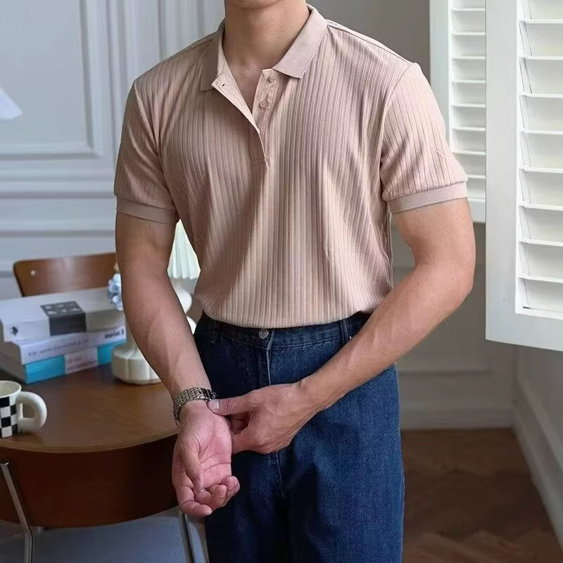 Vertical Stripe Knit Polo Men'S Shirts Summer New Slim Solid Color Breathable Turn-Down Collar Business Short Sleeve Polo Tops