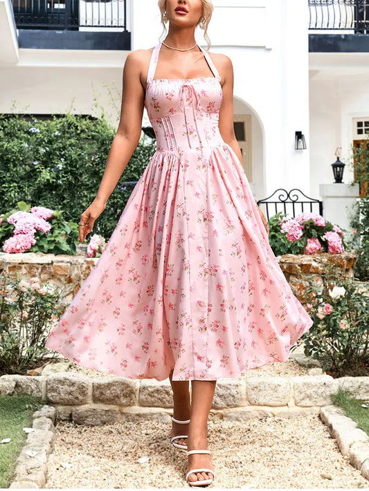 Newasia Women'S Halter Backless Print Floral Midi Corset Dress Spaghetti Straps Tie up Fashion Casual Holiday Long Dresses Pink