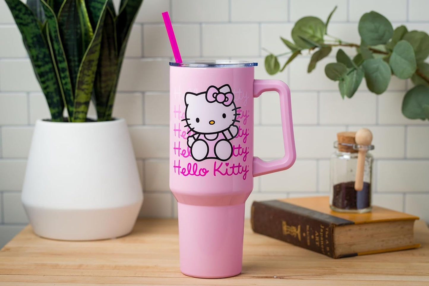 Sanrio Hello Kitty Waving Double Walled Stainless Steel Tumbler with Handle and Straw, Fits in Standard Cup Holder, 40 Ounces